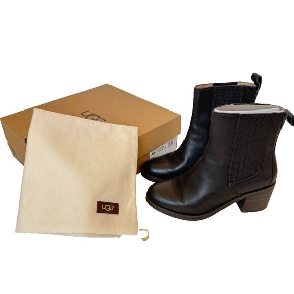 Ugg Womens 7 Camden Black Boots Pull On Chelsea Style Heeled Low with Box Bag - Picture 1 of 9